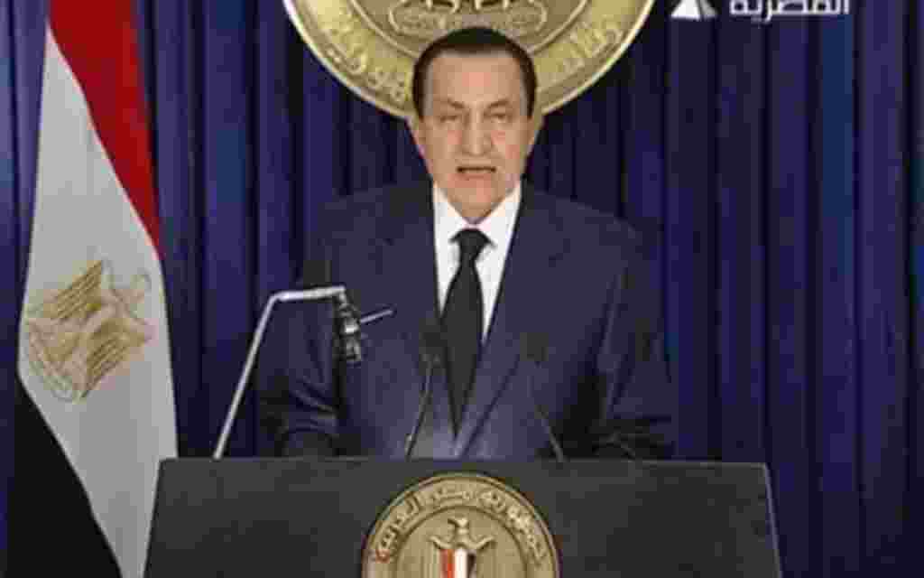 In this image from Egyptian state television aired Tuesday evening Feb. 1, 2011, Egyptian President Hosni Mubarak delivers an address announcing he will not run for a new term in office in September elections, but rejected demands that he step down immedi
