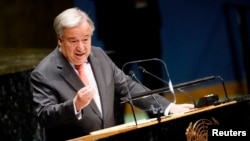 FILE - United Nations Secretary-General Antonio Guterres addresses the United Nations General Assembly at U.N. headquarters in New York City, New York, Sept. 24, 2019.