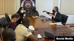 U.S. Special Envoy Daniel Foote meets with National Police Chief Leon Charles, U.S. Ambassador Michele Sison and a police official in Haiti over the weekend, in this image posted by the national police on Twitter on July 24, 2021.