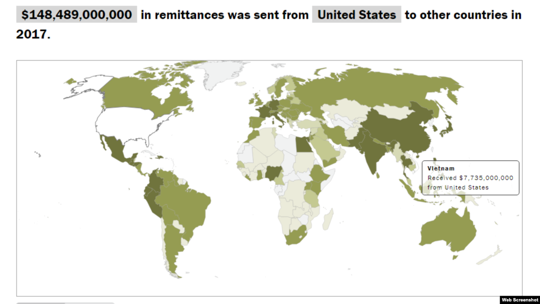 Việt Nam nhận hơn 7,7 tỷ đôla kiều hối từ Mỹ trong năm 2017. Photo Thống kê của Pew Research Center. 