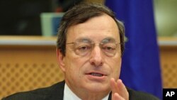 President of the European Central Bank Mario Draghi reports to the Economic Committee, in capacity as the head of the European Systemic Risk Board, at the European Parliament in Brussels, May 31, 2012.
