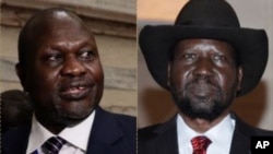 FILE - South Sudanese opposition leader Riek Machar, left, and President Salva Kiir are seen in this undated composite photo.