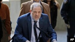 Harvey Weinstein arrives at a Manhattan courthouse for his rape trial in New York, Friday, Feb. 14, 2020. 