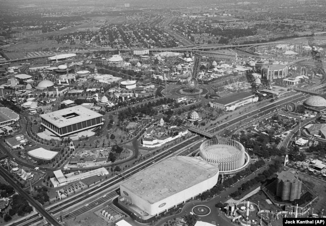 The New York World's Fair is seen below the Goodyear blimp from which this photo was taken, June 25, 1965. (AP Photo/Jack Kanthal)