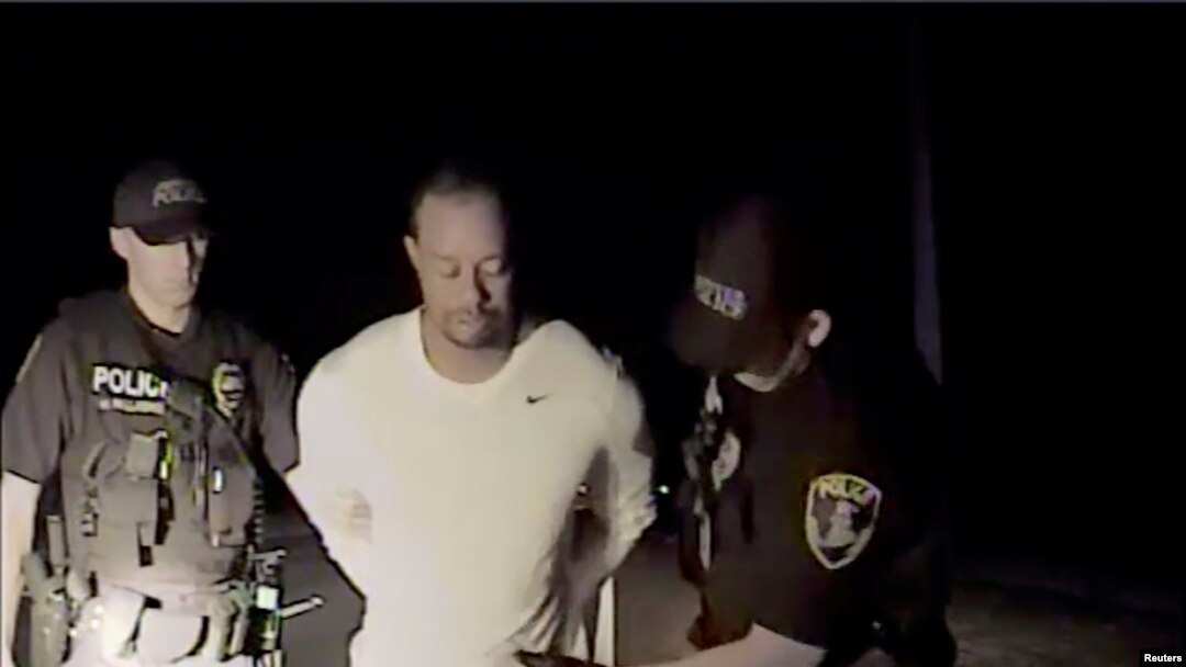 Tiger Woods terlihat dengan tangan terborgol dan sedang diperiksa oleh polisi saat ditemukan pingsan di dalam mobilnya di Jupiter, Florida, 29 Mei 2017.