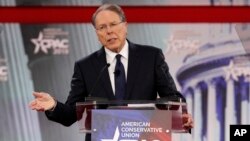 FILE - National Rifle Association Executive Vice President and CEO Wayne LaPierre, speaks at the Conservative Political Action Conference (CPAC), at National Harbor, Maryland, Feb. 22, 2018.