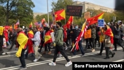 Plusieurs centaines de personnes participent à une marche à Washington, le 4 novembre 2021, pour protester contre le gouvernement éthiopien à l'occasion du premier anniversaire de la guerre avec les forces de la région du Tigré, dans le nord du pays.