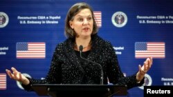 U.S. Assistant Secretary of State Victoria Nuland addresses a news conference at the U.S. Embassy in Kyiv, Feb. 7, 2014. 