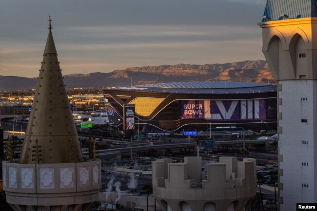 The rising sun illuminates the Allegiant Stadium, where Super Bowl LVIII will take place, in Las Vegas, Nevada, U.S., on January 24, 2024. (REUTERS/Carlos Barria)