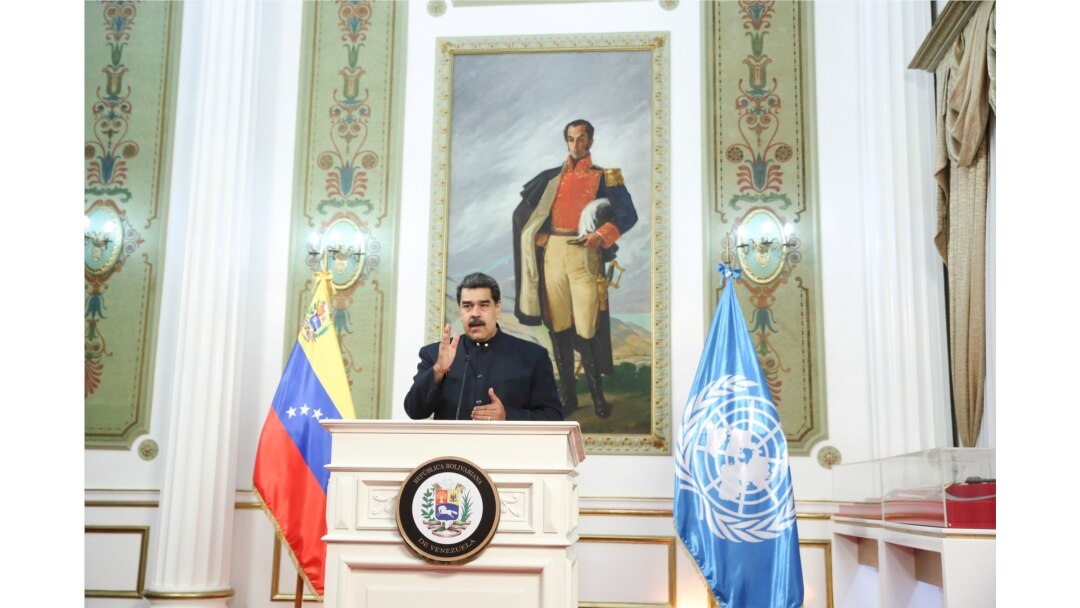 FILE - Venezuela's President Nicolas Maduro speaks virtually during the 75th annual U.N. General Assembly, from Miraflores Palace in Caracas, Venezuela, Sept. 23, 2020.