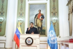 Venezuela's President Nicolas Maduro speaks virtually during the 75th annual U.N. General Assembly, from Miraflores Palace in Caracas, Venezuela, Sept. 23, 2020.