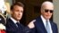 French President Emmanuel Macron gestures next to U.S. President Joe Biden at the Elysee Palace in Paris, France, on June 8, 2024.