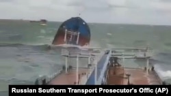 The Volgoneft-212 tanker is seen after being wrecked by a storm in the Kerch Strait, Russia, Dec. 15, 2024, in this photo taken from a video released by the Russian Southern Transport Prosecutor's Office.