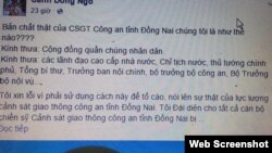 Một số chi tiết trong bài viết của một Facebooker lấy tên 'Cánh Đồng Ngô' và tự nhận là đại diện cho tất cả cán bộ chiến sỹ cảnh sát giao thông tỉnh Đồng Nai 'bị chuyển đổi công tác, bị tước bỏ chức vụ…không có lý do'.