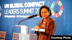 Pengusaha Indonesia Martha Tilaar berbicara dalam KTT Global Compact Leaders PBB di New York, Senin (24/9). (Foto courtesy: Martha Tilaar)