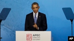 President Barack Obama speaks at the APEC CEO Summit in Beijing, Nov. 10, 2014.