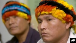 Andres Sandi (right) and Alberto Pizango, who represented the Achuar ethnic group of the Peruvian Amazon at a press conference, May 14, 2007, accused the U.S.-based Occidental Petroleum Corp. of systematic pollution. On Friday, Dec. 9, 2016, almost 50 Achuar communities are trying to stop Petroperu and GeoPark from drilling for oil and say they will physically block any attempts to operate on their lands. 