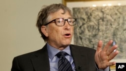 Bill Gates talks to reporters about the 2016 annual letter from the Bill and Melinda Gates Foundation in New York, Feb. 22, 2016.