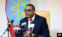 FILE - Ethiopian Prime Minister Hailemariam Desalegn, during press conference in Addis Ababa, Ethiopia, Feb. 15, 2018. Desalegn announced that he has submitted a resignation letter.