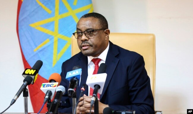 Ethiopian Prime Minister Hailemariam Desalegn, during press conference in Addis Ababa, Ethiopia, Feb. 15, 2018. Desalegn announced that he has submitted a resignation letter.