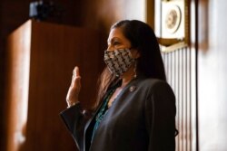 Rep. Deb Haaland, D-N.M., is sworn in during a Senate Committee on Energy and Natural Resources hearing on her nomination to be Interior Secretary, on Capitol Hill in Washington, Feb. 23, 2021.