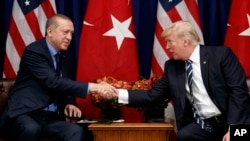 도널드 트럼프 미국 대통령(오른쪽)과 레제프 타이이프 에르도안 터키 대통령이 지난달 21일 유엔총회가
열린 뉴욕에서 정상회담을 가졌다.