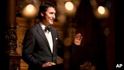 FILE - Canadian Prime Minister Justin Trudeau speaks in Hamburg, Germany, Feb. 17, 2017. Trudeau and Ivanka Trump attended a Broadway musical about how Canada helped thousands stranded after the September 11 attacks.