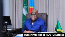 Président Félix Tshisekedi azali kokamba likita lya bakonzi ba bikolo bya Unioin africaine na visioconférence, Kinshasa, RDC, 3 mars 2021. (Twitter/Présidence RDC)