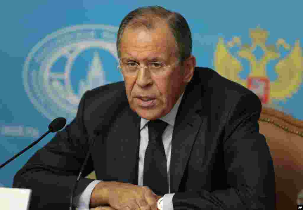 FILE - Russian Foreign Minister Sergey Lavrov said talks meant to ease the Ukraine crisis being held in Belarus on Monday should focus on an immediate, unconditional cease-fire between the Kyiv government and separatists in eastern Ukraine.