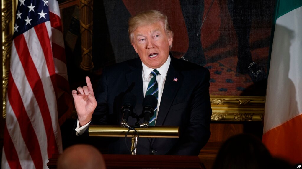 President Donald Trump speaks on Capitol Hill in Washington, March 16, 2017, during a "Friends of Ireland" luncheon. 