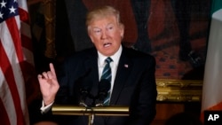 President Donald Trump speaks on Capitol Hill in Washington, March 16, 2017, during a "Friends of Ireland" luncheon. 