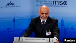 Afghan President Ashraf Ghani addresses the 51st Munich Security Conference at the Bayerischer Hof hotel in Munich, Feb. 8, 2015. 