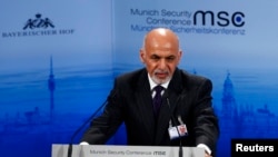 Presiden Afghanistan Ashraf Ghani berbicara dalam Konferensi Kemanan Munich ke-51 di hotel 'Bayerischer Hof' di Munich, 8 Februari 2015. 