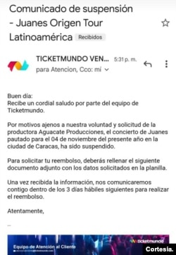 Comunicado cancelación concierto de Juanes en Venezuela