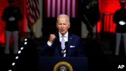 US President Joe Biden speaks outside Independence Hall, Sept. 1, 2022, in Philadelphia.