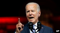 President Joe Biden speaks outside Independence Hall, Sept. 1, 2022, in Philadelphia. 