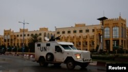 FILE: A U.N. vehicle patrols the streets before the polls open for the presidential election in Bamako, Mali. Taken July, 29 2018. 