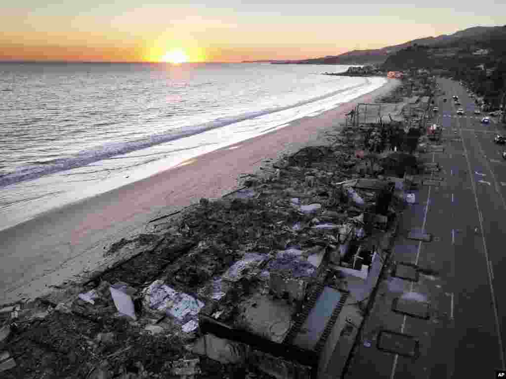 An aerial view shows the devastation by the Palisades Fire, Jan. 16, 2025, in Malibu, Calif.