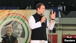 FILE - Rahul Gandhi, president of India's main opposition Congress Party, speaks at a rally in Dubai, United Arab Emirates, Jan. 11, 2019.
