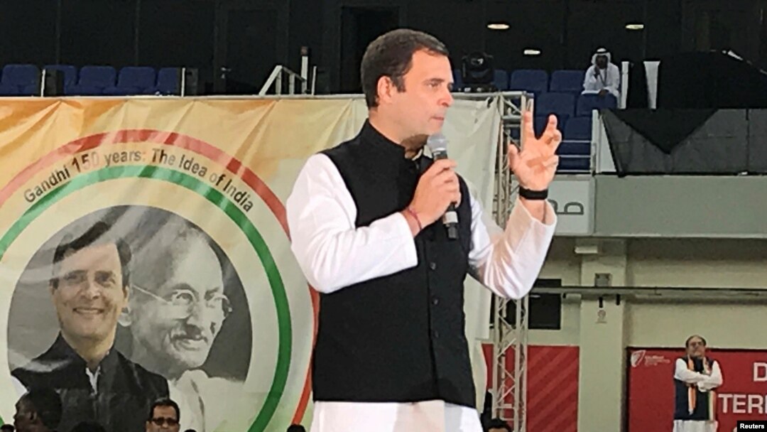FILE - Rahul Gandhi, president of India's main opposition Congress Party, speaks at a rally in Dubai, United Arab Emirates, Jan. 11, 2019.