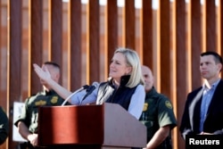 U.S. Department of Homeland Security Secretary Kirstjen Nielsen visits U.S. President Donald Trump's border wall in the El Centro Sector in Calexico, California, Oct. 26, 2018.