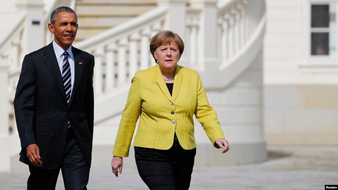 Thủ tướng Đức đón tiếp Tổng thống Obama đến Hanover, ngày 24/4/2016. 