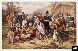 What a pleasant First Thanksgiving in this painting by Jean Louis Ferris. But it's fantasy. For one thing, it was fall in the Northeast, and everyone would have been warmly dressed