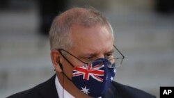 PM Australia Scott Morrison di Istana Elysee, Paris, Prancis, 15 Juni 2021. (AP Photo/Rafael Yaghobzadeh)