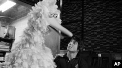 Joe Namath, quarterback for the New York Jets, chats with Big Bird during taping of the children's television show "Sesame Street" in New York studio Monday, Sept. 25, 1972. (AP Photo/Harry Harris)