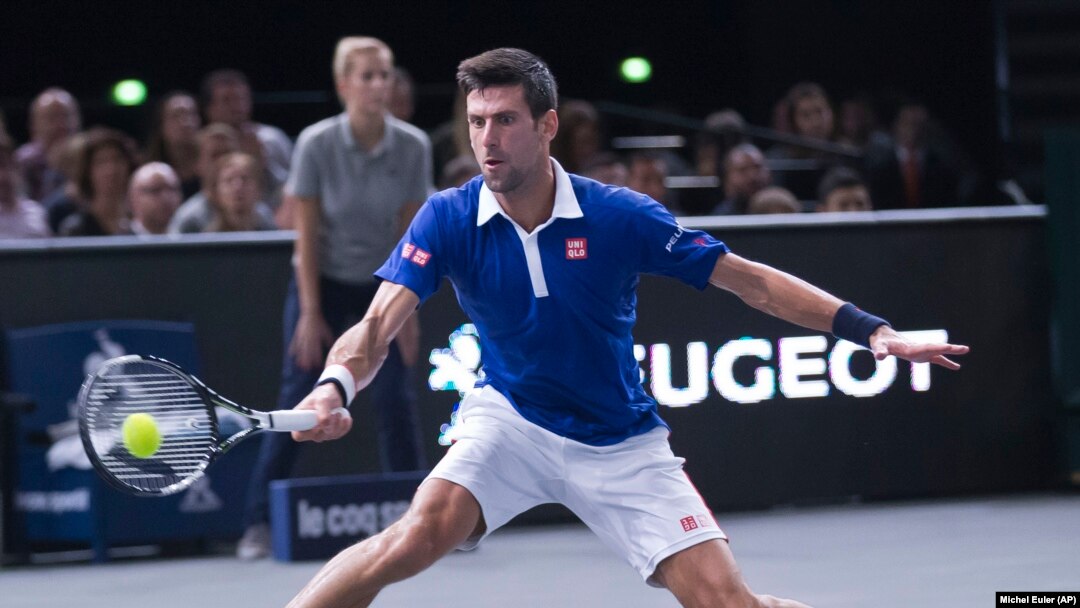 Novak Djokovic saat mengalahkan Andy Murray dalam final BNP Masters di Paris (8/11). (AP/Michel Euler)