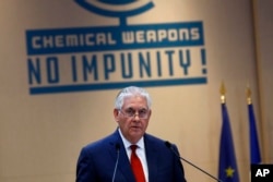 U.S. Secretary of State Rex Tillerson delivers a speech during a foreign ministers' meeting on the International Partnership against Impunity for the Use of Chemical Weapons, in Paris, Jan. 23, 2018.