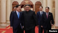 Chief of the national security office at Seoul's presidential Blue House Chung Eui-yong meets with North Korean leader Kim Jong Un in Pyongyang, North Korea, Sept. 5, 2018.
