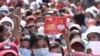 People gather to protest against the military coup in Yangon, Myanmar, Feb. 7, 2021. (Credit: VOA Burmese Service)