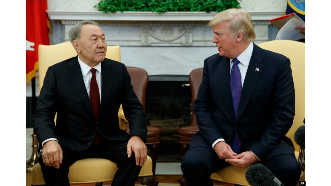 President Donald Trump meets with Kazakhstan's President Nursultan Nazarbayev in the Oval Office of the White House, Jan. 16, 2018, in Washington.